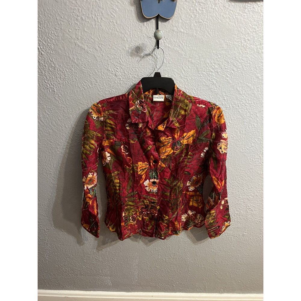 Chicos Size 1 Burgundy Sheer Button‎ Up Jacket Cropped